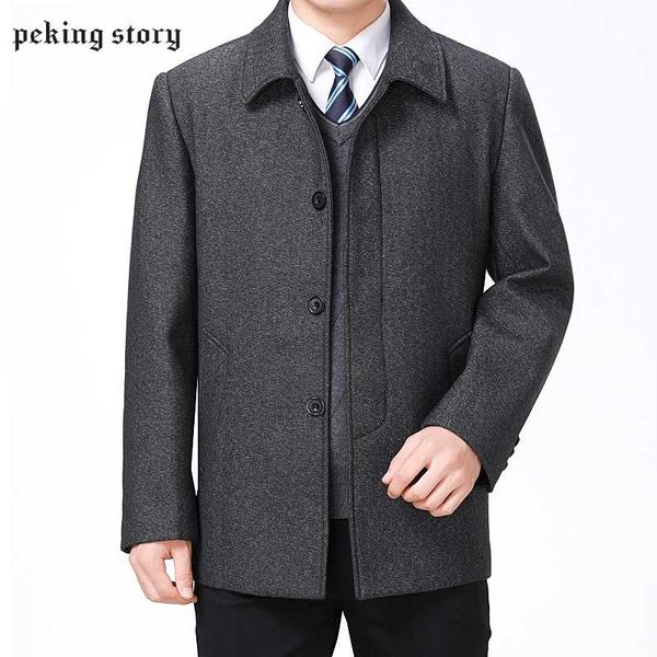 

peking story men fashion casual wool jacket men winter single breasted overcoat mens wool coat turn-down collar clothing, Black