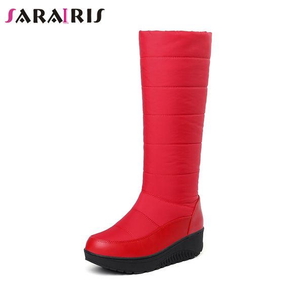 

sarairis plus size 35-44 concise platform mid-calf snow boots women winter slip-on warm plush wedges boots shoes woman, Black