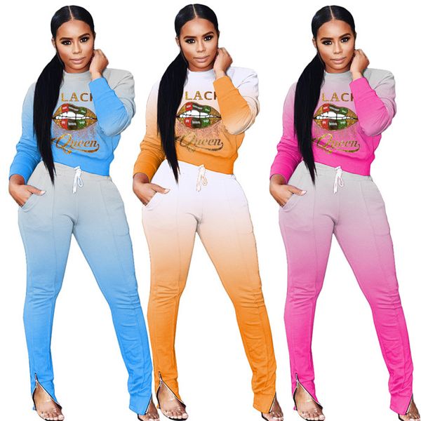 

gradient womens 2 piece sets lip letter pattern hoodies and ladies pencil pants casual women autumn long sleeve tracksuits, Gray