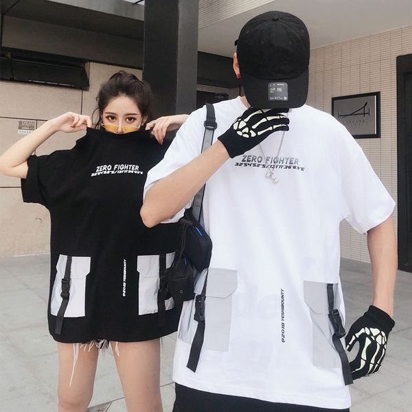 

2019 summer new arrival hip hop reflective pocket short sleeve cotton t-shirt, White;black