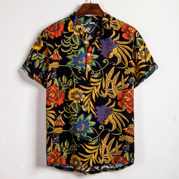 

casual hawaiian printing mens shirt streetwear summer short sleeve mens shirt camisa ethnic cotton linen blouse camisa masculina, White;black