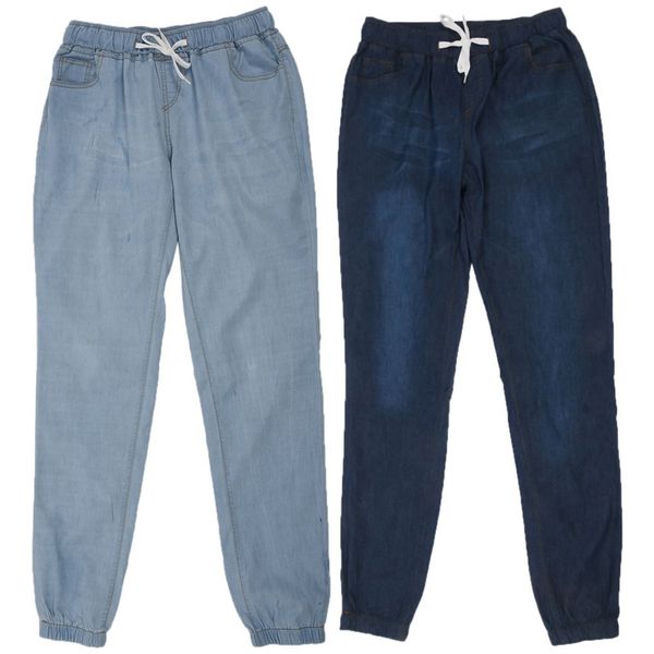 

2pcs women casual jogger pants drawstring elastic waisted jeans solid ladies denim pants slim leggings xxxl dark blue & li