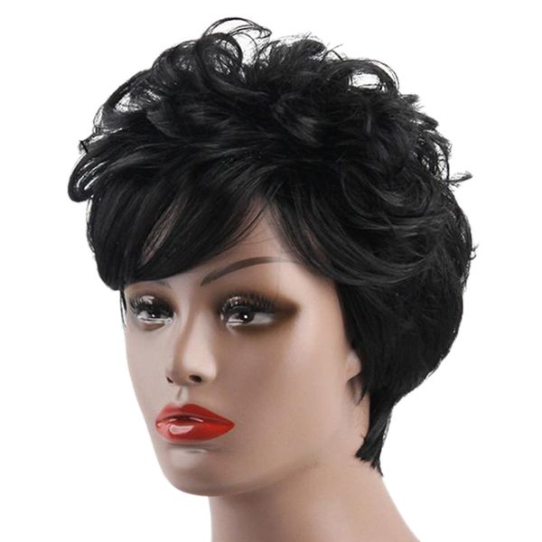 

pixie cut short curly wavy wig, natural looking fluffy curls hairpieces for women, Black