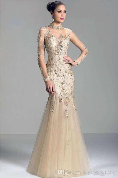 

2019 new charming formal mermaid evening dresses illusion long sleeve high neckline lace appliques beads women prom dress party gown 358, Black;red