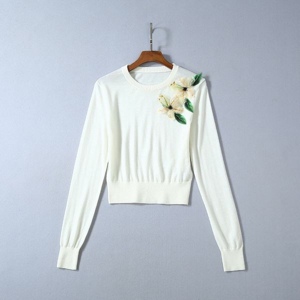

european and american women's summer 2019 new style sequined flower decoration long sleeve fashion knit sweater, White;black