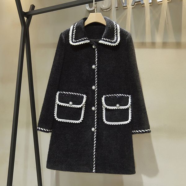 

new arrival women's warm coat 2019 autumn winter pearls beading overcoat b256, Black