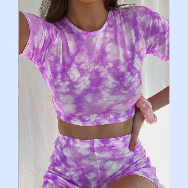 

floral summer sport set women flower purple two 2 piece t shirt shorts polyester printing yoga workout outfit fitness gym sets, White;red