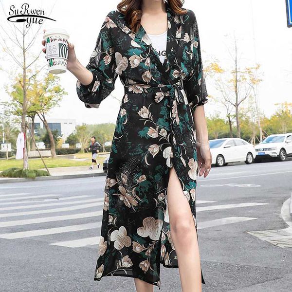 

2020 chiffon cardigan summer sun protection women long blouses long sleeve loose flower print blouse shirts blusas mujer 9119 50, White
