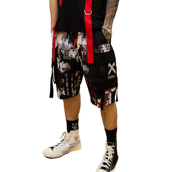 

new printed stylish mens borad short-pants hip hop summer male elastic waist casual shorts loose ribbon streetwear ovresize, White;black