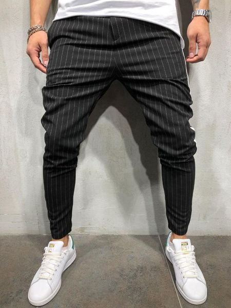 

mens stripe trousers skinny leg pants sport jogging elastic pencil pant long tracksuit sweatpants, Black