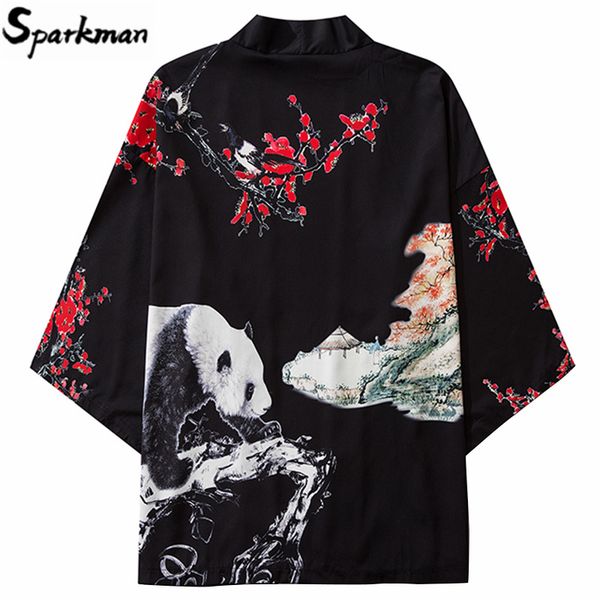 

japanese kimono jacket panda painting print 2020 men harajuku streetwear jacket coat casual thin gown japan style, Black;brown