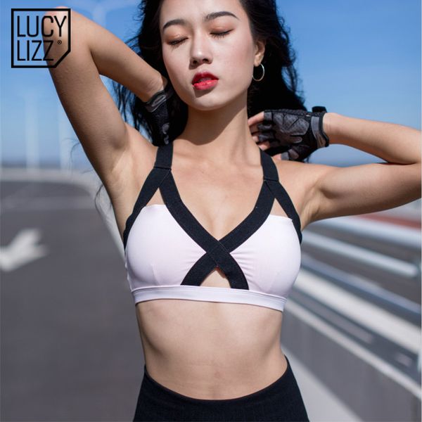 

lucylizz new hollow out sports bra fitness breathable yoga bras patchwork running bra vest gym push up workout padded, White;black