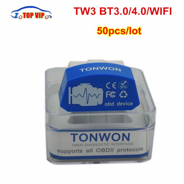 

50pcs dhl tonwon3 bt3.0/4.0/wifi elm327 obd2 obd car diagnostics tool scanner check vehicle engine device tool for android
