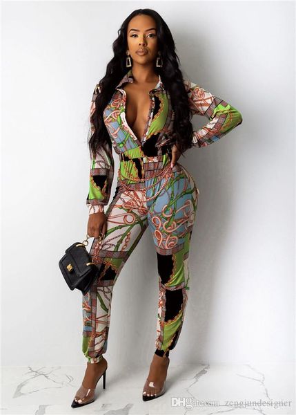 

womens floral print jumpsuits summer designer lapel neck long sleeve pants fashion style female clothing casual apparel, Black;white