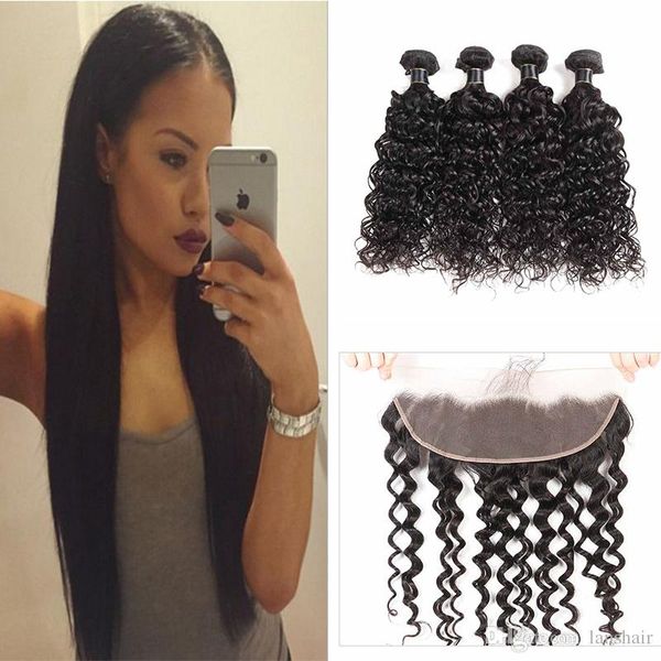 

индийский extensions волос water wave 4 пачки с 13x4 lace фронтального закрытие утками человеческих волос с фронтальным 5 частей / серия утк, Black;brown