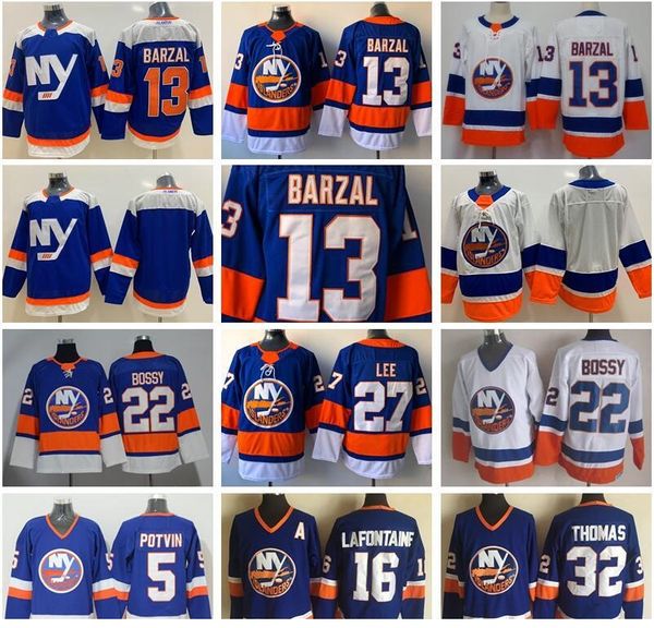 

new york islanders 13 mathew barzal jerseys ice hockey 27 anders lee 22 mike bossy denis potvin steve thomas pat lafontaine blue white, Black;red