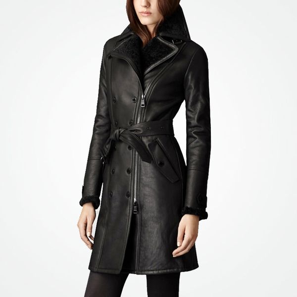 

natural fur coat female vintage 100% wool fur liner genuine leather jacket women korean double faced sheepskin coat lw2705, Black