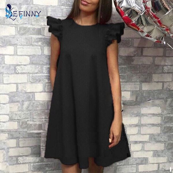 

efinny mujeres ruffle hombro vestido de verano vintage a-line suelta vestidos cortos mujer vestidos, Black;gray