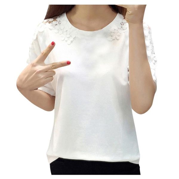 

white blouses women 2xl plus size 2020 summer fashion solid color hollow out blouse flower casual o neck shirt ropa mujer