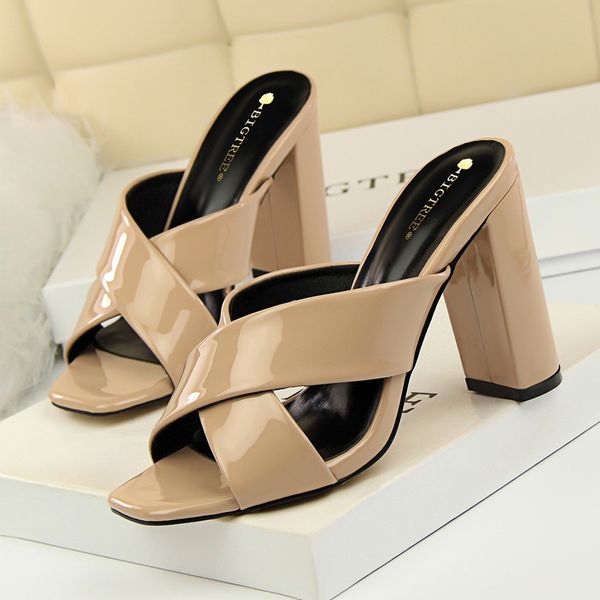 

2020 new summer women mules slippers high square heel solid fashion ladies women shoes khaki outside female slippers, Black