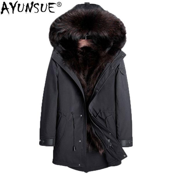 

ayunsue parka real fur coat men winter jacket racoon fur liner plus size luxury jackets 2018 parkas manteau homme hiver 4223, Black