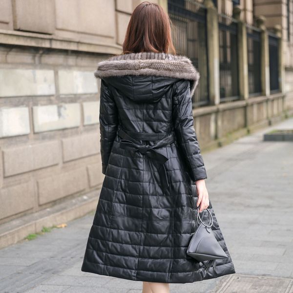

winter 2020 new women's leather jacket long down jacket collar coat thicken fashion slim hooded jackets parka female s, Black