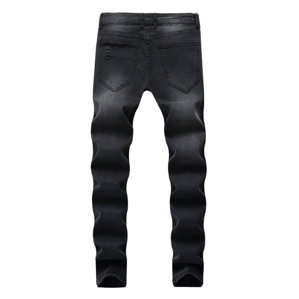

men's, black skinny elasticity with holes casual jeans slim fit tight washing trousers, Blue