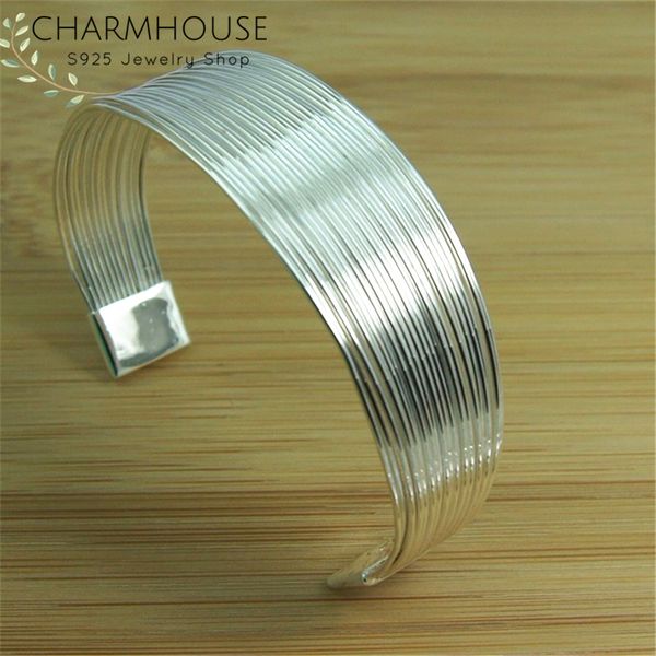 

charmhouse 925 silver bangles for women multi lines cuff bangle & bracelet pulseira femme wristband wedding bridal jewelry gifts, Black