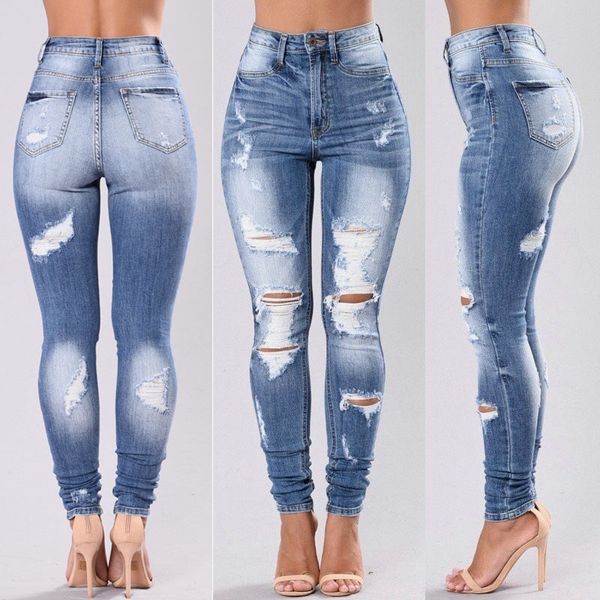 

women hollow out jeans fashion dark mid wais designer female clothes long pencil pants apparel, Blue