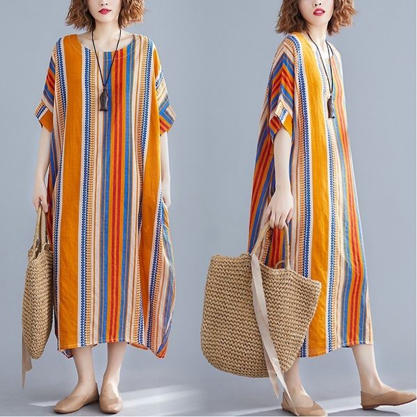 

fat younger sister summer wear vertical stripe short sleeve dress literature will code suit-dress easy cover belly leisure time, Gray