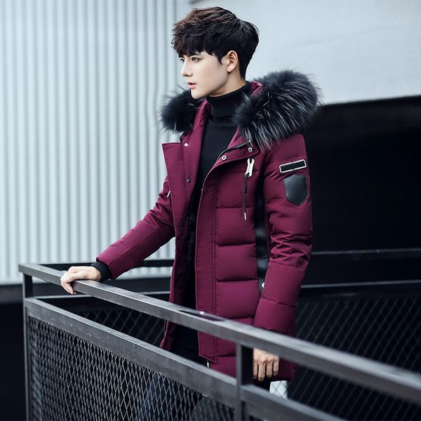 

new arrival men's down jacket thick mid-length fashion korean-style handsome white duck down winter hooded jacket men coat, Black