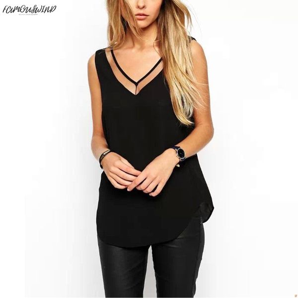 

women summer v neck chiffon vest hollow out sleeveless casual tank blusas camisole mesh patchwork t shirt bottom sheer new, White