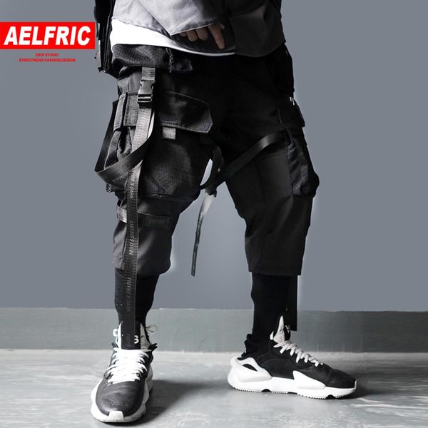 

aelfric ribbons multi pockets cargo pants men harajuku casual joggers male track streetwear trouser men hip hop pants techwear t200113