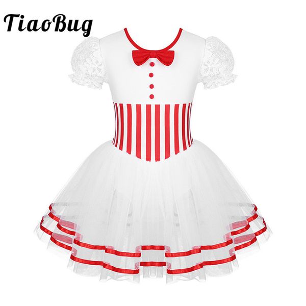 

tiaobug kids short lace sleeves striped mesh tutu ballet figure skating dress gymnastics leotard girls performance dance costume, Black;red