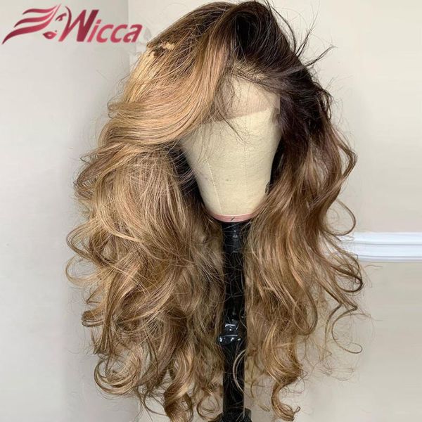 

wicca honey blonde colored ombre invisible highlight 13x6 lace front human hair wigs preplucked baby hair wavy brazilian remy, Black;brown