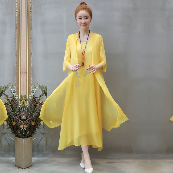 

summer autumn new chinese style retro round collar dress temperament long flower two-piece faux silk female dresses, Black;gray