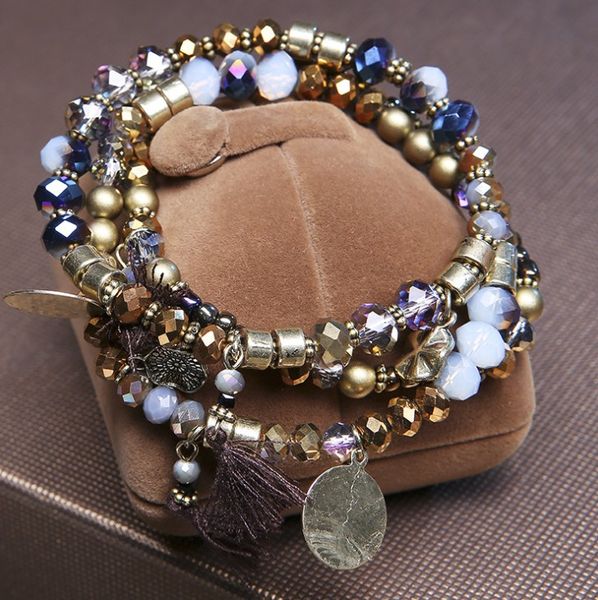 

hand-made glass bead women's bracelet with beaded bracelet beads monogram wrapped pearls stacking bracelet setmulti-tassel pendandelit, Black