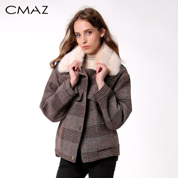 

cmaz 2019 women new winter clothing thicken woolen jacket female korean version of the short loose plaid woolen coat mx18d9536, Black