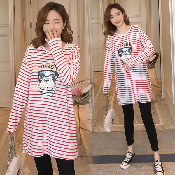 

maternity clothes 2020pregnant women autumn clothing new style casual loose-fit stripes cartoon long-sleeved t-shirt, White