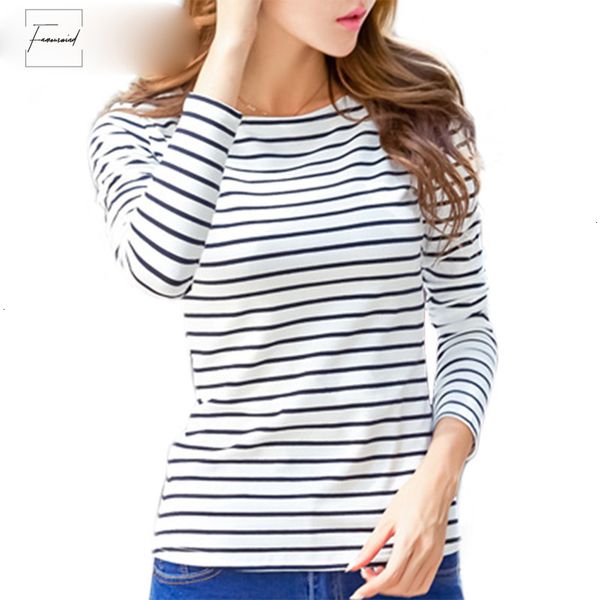 

cotton t shirt petal sleeve women new autumn long sleeve o neck female striped t shirt white casual classic 620