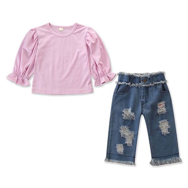 

autumn toddler baby girl long sleeve blouse hole design denim pants trousers casual outfits 1, White
