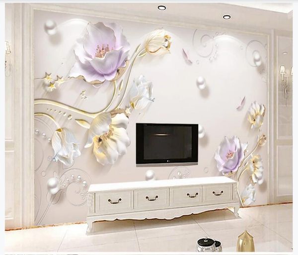 Wallpapers 3D alívio Jóias tridimensional simples moda nova parede do fundo tulipa Decoração chinesa pintura