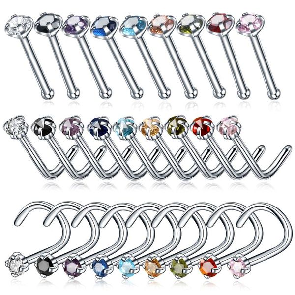 

9pcs/lot 20g nostril piercings colorful cz crystal piercing nose stud stainless steel nose rings nariz piercing nez ear jewelry, Slivery;golden