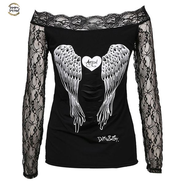 

blouses regular women angel wings back printing long sleeve loose prints shirt casual lace off shoulder blouse cotton, White
