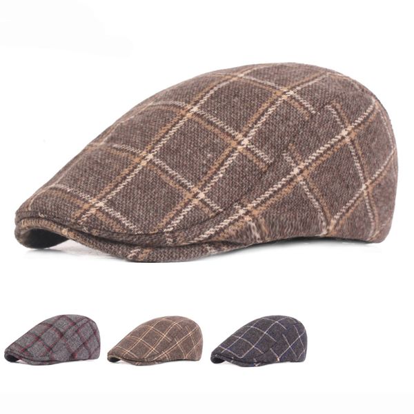 

ht1969 retro vintage men beret cap plaid duckbill driver ivy flat cap male autumn winter hats for men artist painter wool berets, Blue;gray