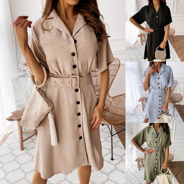 

vintage рубашка платье elegant turn down button повседневные платья с коротким рукавом мода пояса vestidos 2020 летний офис спецодежда, Black;gray