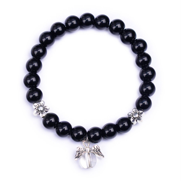

popular silver plated alloy flower with black agates round beads elastic bracelet rock crystal jewelry
