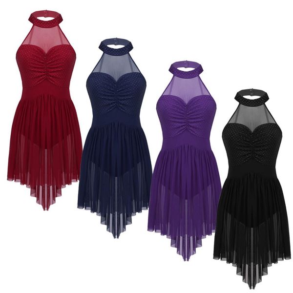 

yizyif women ballet leotard dress dance wear sleeveless halter neck polka dots irregular tulle hem ballet dance gymnastics dress, Black;red