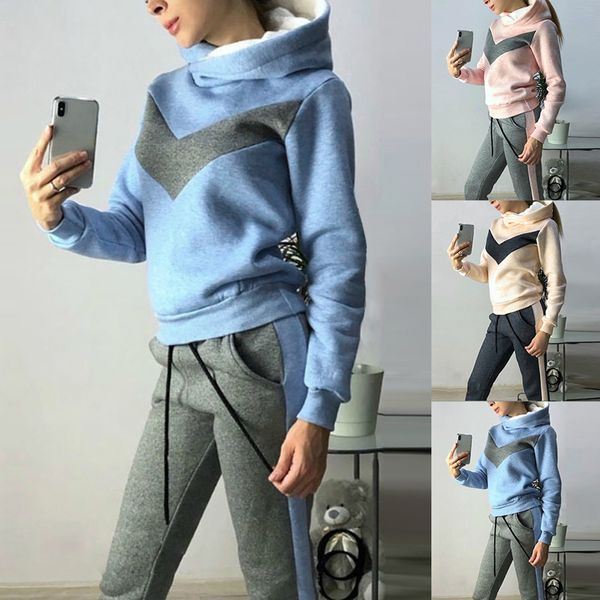 

2019 autumn casual 2 pieces suit women hoodies tracksuit sweat suit women's set sweatshirts+ long pants outfits knitted, Black;blue