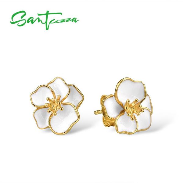 

santuzza silver earrings for women pure 925 sterling silver white orchid flower trendy gift party fine jewelry handmade enamel cx200628, Golden;silver